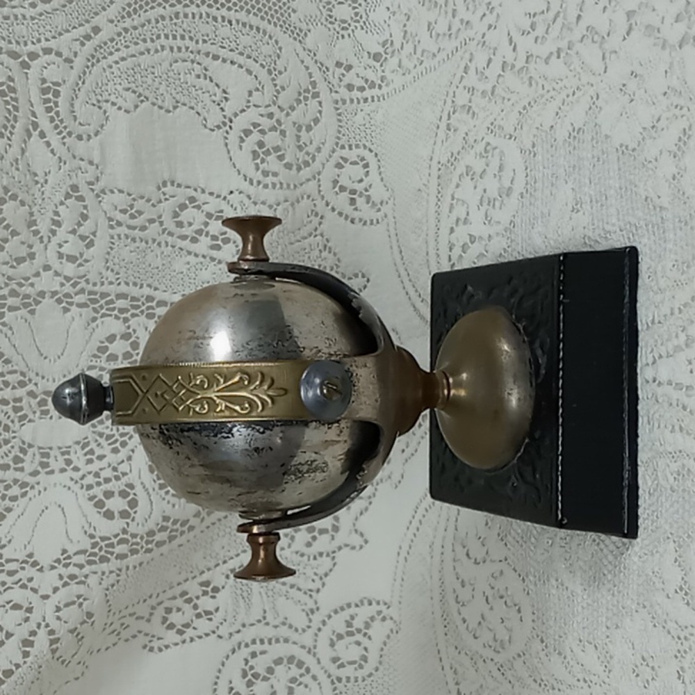 Vintage Brass/Silver Rolling Globe Shaped Hotel Lobby Desk Bell Cast Iron Stand
